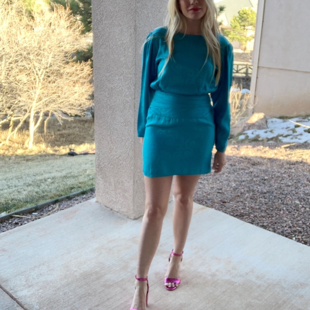 80s Vintage Silk Turquoise Swirl Pattern Party Dress Mini Small 4 Reworked
